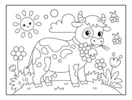 Cute Cow with Natural scenery view background coloring page for kids. Funny animal outline illustration. vector