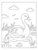 Cute Swan with cloud and little swan coloring page illustrations vector