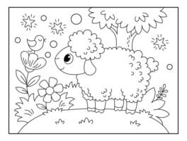 Cute Sheep with Natural scenery view background coloring page for kids. Funny animal outline illustration. vector