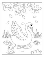 Cute Swan with nature and leaf coloring page illustrations vector