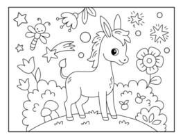 Cute Horse with Natural scenery view background coloring page for kids. Funny animal outline illustration. vector