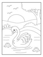 Cute Swan with nature and sun coloring page illustrations vector