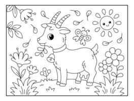 Cute Goat with Natural scenery view background coloring page for kids. Funny animal outline illustration. vector