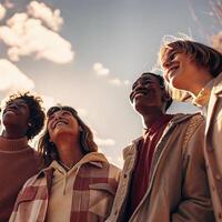 Four young adults of diverse ethnicities looking up at scenic clouds in a hopeful urban setting inspiring connection and unity photo