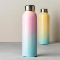Stylish tumbler bottles displayed in a minimalist studio setting soft color palette depth of field focus photo