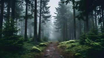 Mysterious foggy forest path enchanted wilderness nature scene serene environment ground level view tranquility concept photo