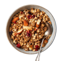 Delicious honey sweetened granola bowl with nuts and fruits on a light background ready for a healthy breakfast, Honeysweetened granola in a bowl on a transparent background png