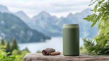 Green Insulated Container on Wooden Surface Surrounded by Stunning Mountain and Lake Scenery photo