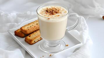 Creamy dessert beverage served in a glass with cookies on a white plate and soft fabric background photo