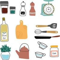 Set of simple kitchen elements. Cute cups, jar and kettle. vector