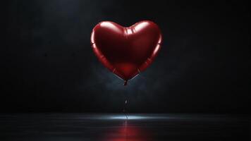 Shiny Red Heart-Shaped Balloon Floating Elegantly Against a Moody Dark Background Subtle Romantic Lighting photo