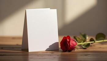 Clean and Modern Valentines Greeting Card Mockup with A Red Rose on Wooden Surface photo