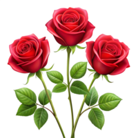 Three 3d Red Roses With leaves isolated on transparent background png