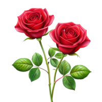 Two 3d Red Roses With Green leaves isolated on transparent background png