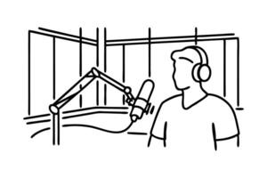 A man hosting a podcast with headphones and microphone in modern studio Hand drawn line art flat illustration. vector