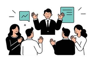 Professionals clapping enthusiastically in a modern office setting, celebrating a successful presentation Hand drawn black doodle line art flat illustration. vector