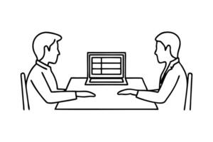 Two business professionals seated at a table, working on laptops with one laptop screen visible between them continuous line art. vector