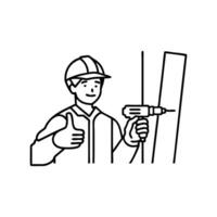 Male worker confidently holds a drill while giving a thumbs up, showcasing approval and readiness for the task ahead continuous line art. vector
