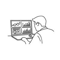Man focused on a laptop displaying multiple graphs and charts, analyzing data for insights continuous line art vector
