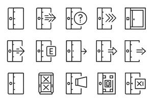 Exit door related editable stroke outline icon set flat illustration vector
