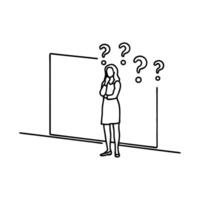 Woman stands thoughtfully in front of a wall, with question marks hovering above her head, symbolizing curiosity and contemplation continuous line art. vector