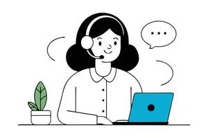 Woman with a headset engaged in a conversation on the phone, demonstrating effective communication skills Hand drawn black doodle line art flat illustration vector
