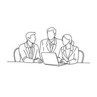 Three business professionals engaged in a discussion within a modern office setting Hand drawn Continuous line art flat illustration on white background. vector