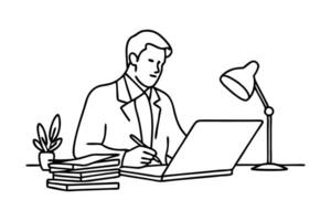 A Focused businessman reviewing documents and working on laptop Hand drawn line art flat illustration vector