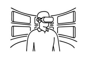 Man immersed in a virtual reality experience, wearing a sleek VR headset, showcasing modern technology in action continuous line art flat illustration vector