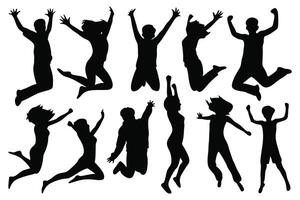 Many different jumping people silhouettes set isolated flat illustration on white background vector