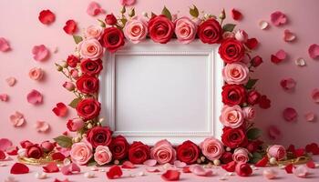 Elegant Valentines Day Frame Mockup with Red and Pink Roses Background photo