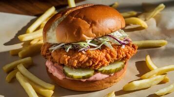 Spicy Crispy Chicken Burger with French Fries Cole Slaw and Pickles photo