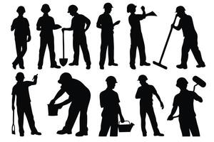 Workers with helmets silhouettes set isolated flat illustration on white background vector