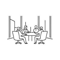 Business professionals engaged in a discussion in a modern office setting, focusing on collaboration and strategy isolated line art flat illustration on white background vector