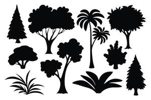 Various plants and trees silhouettes set isolated flat illustration on white background vector