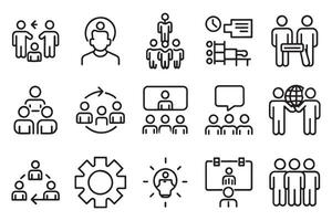 Team building, teamwork, coaching, meeting related editable stroke outline icon set flat illustration vector