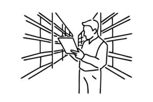 A man focused on using a tablet while standing in a warehouse environment isolated line art flat illustration on white background. vector