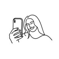 Woman smiles while holding a smartphone, showcasing a moment of joy and connection continuous line art. vector