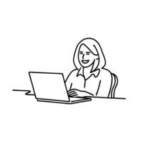 Woman smiles brightly while working on her laptop, showcasing a moment of joy and productivity continuous line art. vector