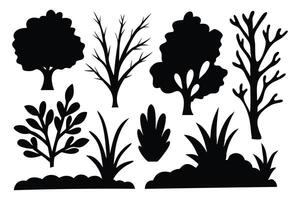 Bare bush, decorative garden plants silhouettes set isolated flat illustration on white background. vector