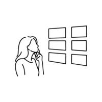 A thoughtful woman reflects on her ideas as she gazes at a wall, lost in contemplation continuous line art. vector