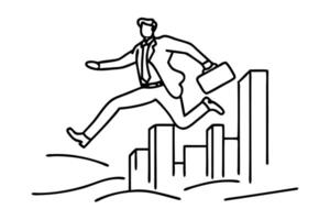 Man in a suit leaps over a city skyline, showcasing a dynamic and energetic pose against an urban backdrop continuous line art flat illustration. vector