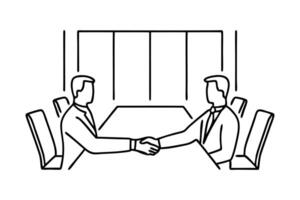 Two people engaging in a handshake at a table, illustrating a moment of agreement and cooperation in a formal environment continuous line art vector