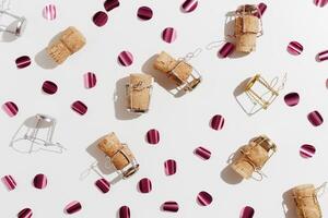 Champagne corks and sparkling confetti, top view composition, holidays, celebration concept. Wooden cork and muselet on pastel background at sunlight shadows. Flat lay festive minimal pattern photo