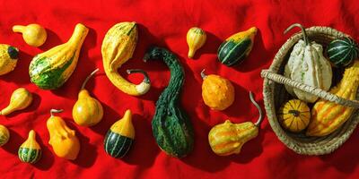 Assorted Mini Pumpkins on Red Fabric, colorful selection of mini pumpkins and gourds lie in wicker basket on vibrant red, banner, fall season still life pfoto, autumn aesthetic minimal photo