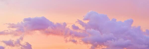 Aesthetic Pastel Sunset, violet fluffy clouds on pink peach colored sky, dreamy cloudscape pastel tones, surreal dreamscape at sunset, soft colorful heaven, wide banner, panoramic view. photo
