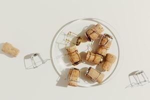 Champagne cork on glass plate, Minimal style creative top view composition, holidays, celebration concept. Wooden corks and muselet on pastel beige background at sunlight shadows. Flat lay photo