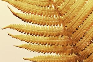 Golden Fern Leaf as natural background, closeup autumn texture, minimal botanical pattern, top view shiny gold leaves at sunlight with aesthetic organic shapes, nature pattern photo