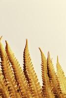 Golden Fern Leaf as natural background, closeup autumn texture, minimal botanical pattern, top view shiny gold leaves at sunlight with aesthetic organic shapes color, nature pattern photo