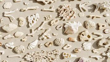 Sea shells, corals, sea stones with sun shadow at sunlight, sea nature banner of different white shell, coral pieces scattered on light beige concrete, minimal monochrome pattern, neutral pastel tones photo